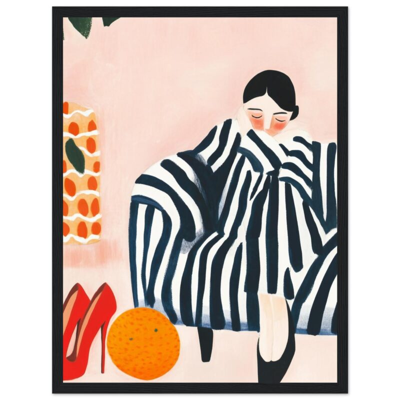 Zapatos rojos y naranja, vestido de rayas y mujer en pintura moderna, arte contemporáneo, estilo ilustración, decoración de interiores.