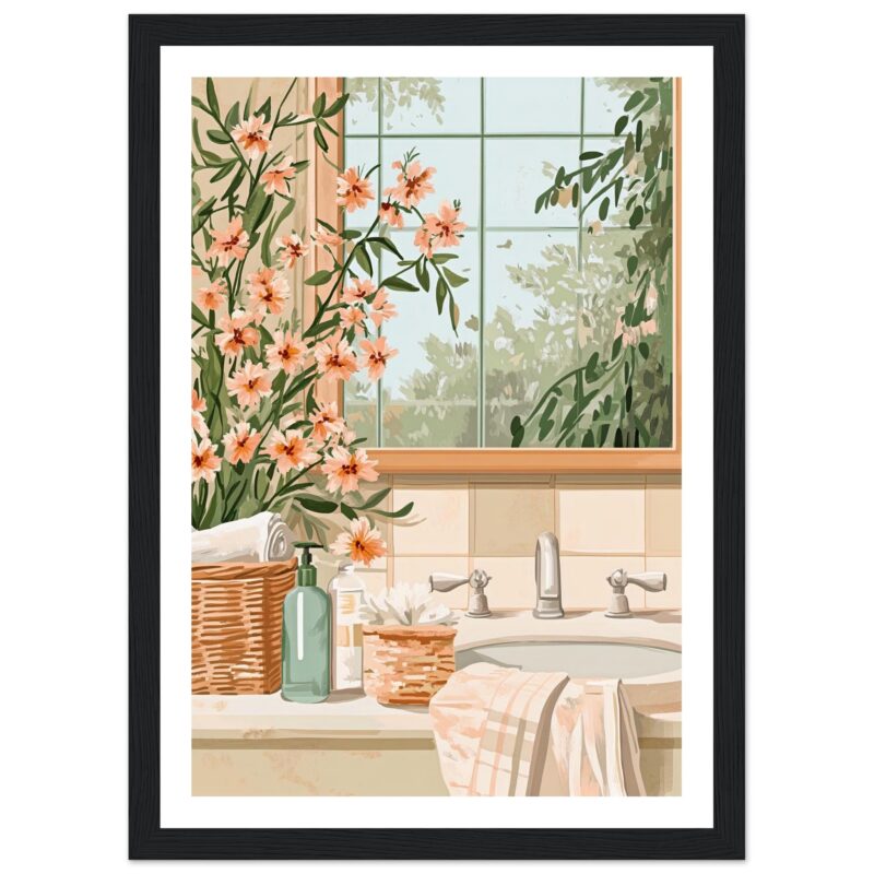 Jarrón con flores y artículos de baño en un lavabo frente a una ventana con vista al jardín.