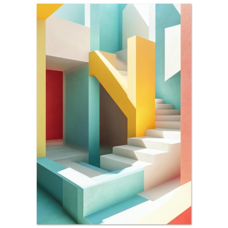 Puerta de entrada en escalinata con estilo moderno, colorida y minimalista.