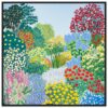 Colores vibrantes de jardín con flores y árboles en estilo digital, arte floral y paisajismo para decoración creativa.