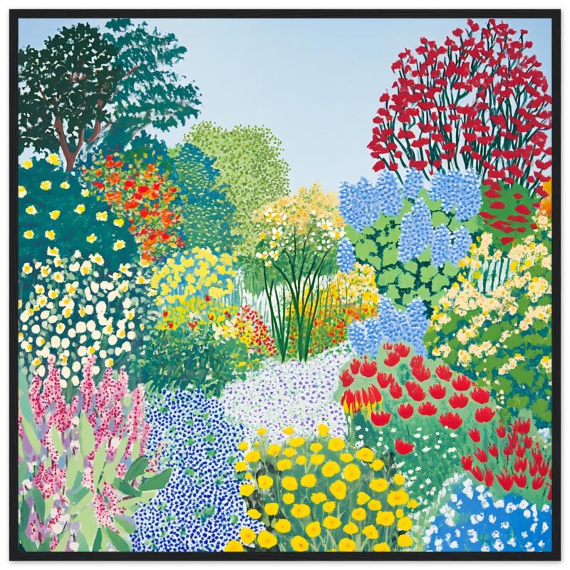 Colores vibrantes de jardín con flores y árboles en estilo digital, arte floral y paisajismo para decoración creativa.