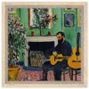 Artesanía digital, pintura impresionista de hombre tocando guitarra en salón colorido.