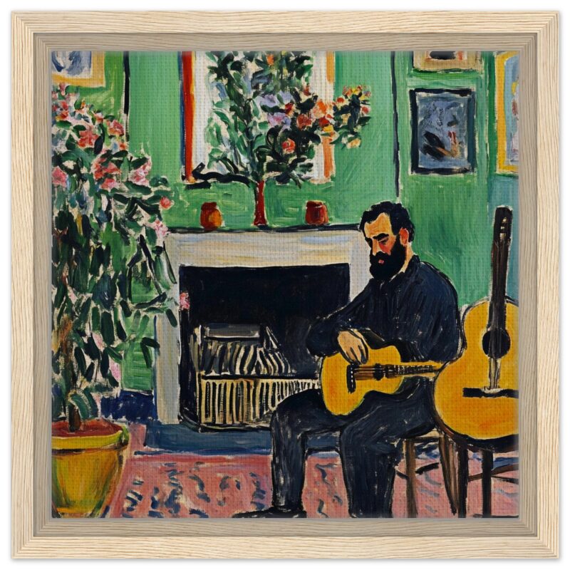 Artesanía digital, pintura impresionista de hombre tocando guitarra en salón colorido.
