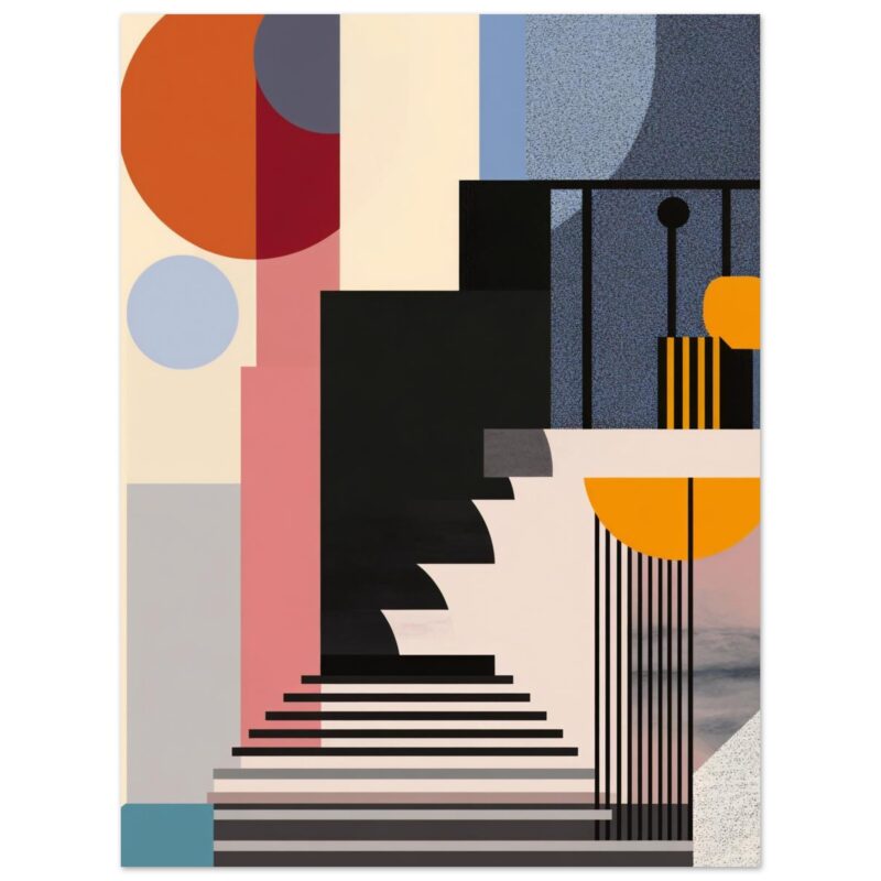 817d630f-ef69-45e2-9a43-4496651408ea.jpg Puerta de escalera abstracta en colores cálidos y fríos, estilo moderno y geométrico para decoración artística.