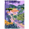 Noche de campo con casas rurales y paisaje de flores en estilo pintura digital.