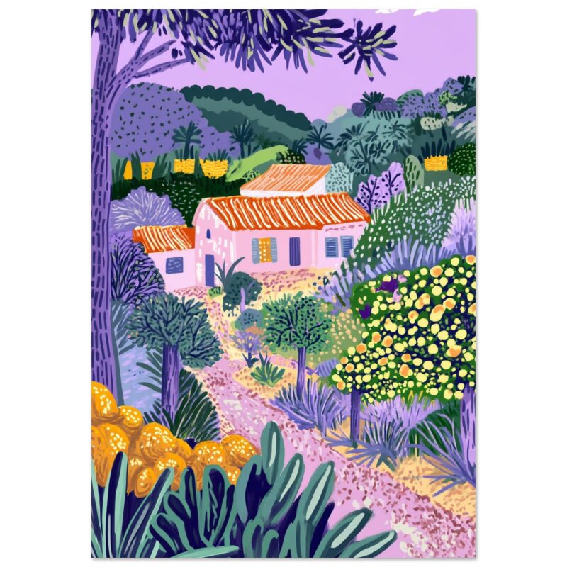 Noche de campo con casas rurales y paisaje de flores en estilo pintura digital.