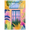 Ventana azul en un fondo color pastel con plantas tropicales coloridas y vibrantes.