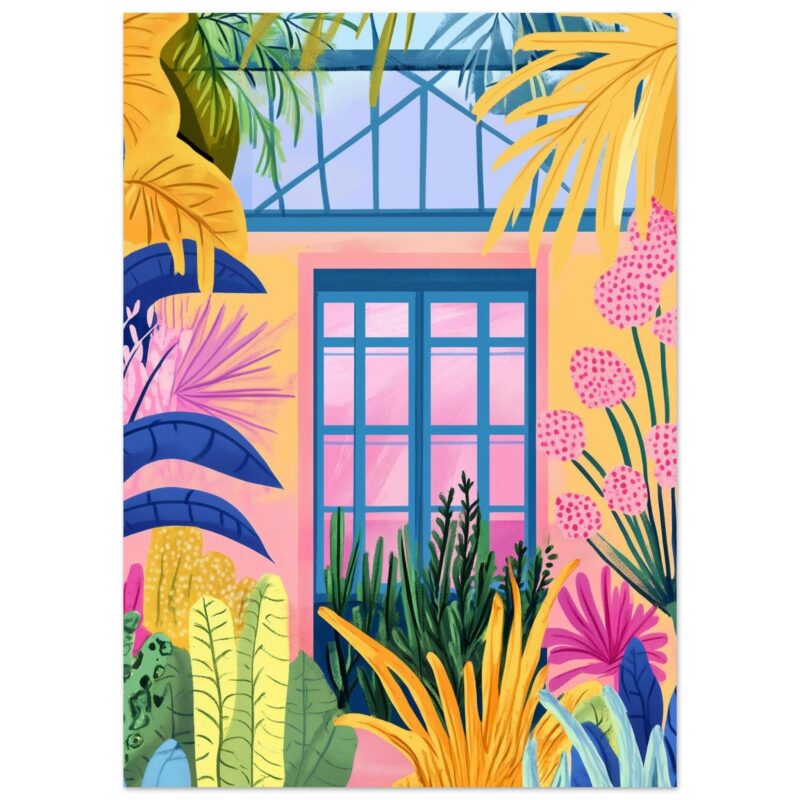 Ventana azul en un fondo color pastel con plantas tropicales coloridas y vibrantes.
