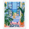 Island in the Sun, 2023, digital artwork, vibrant colors, tropical scene, dog in bathtub, artistic home decor, nature-inspired art, contemporary style.
