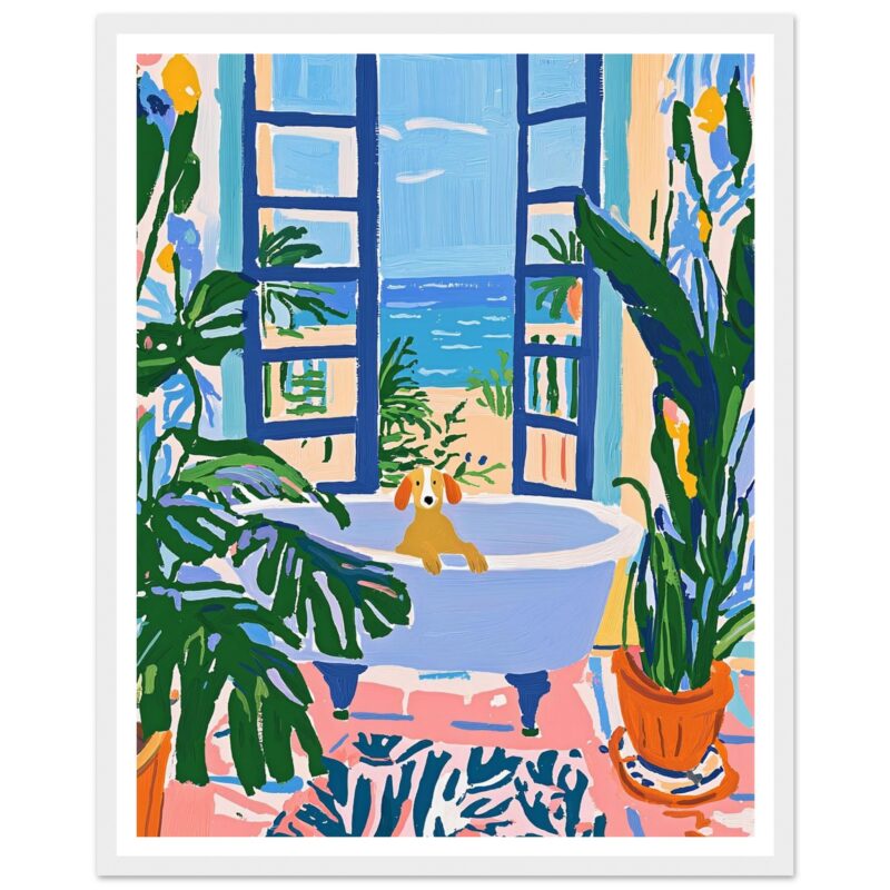 Island in the Sun, 2023, digital artwork, vibrant colors, tropical scene, dog in bathtub, artistic home decor, nature-inspired art, contemporary style.