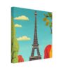 Torre Eiffel en estilo ilustración moderna con árboles y cielo azul claro.