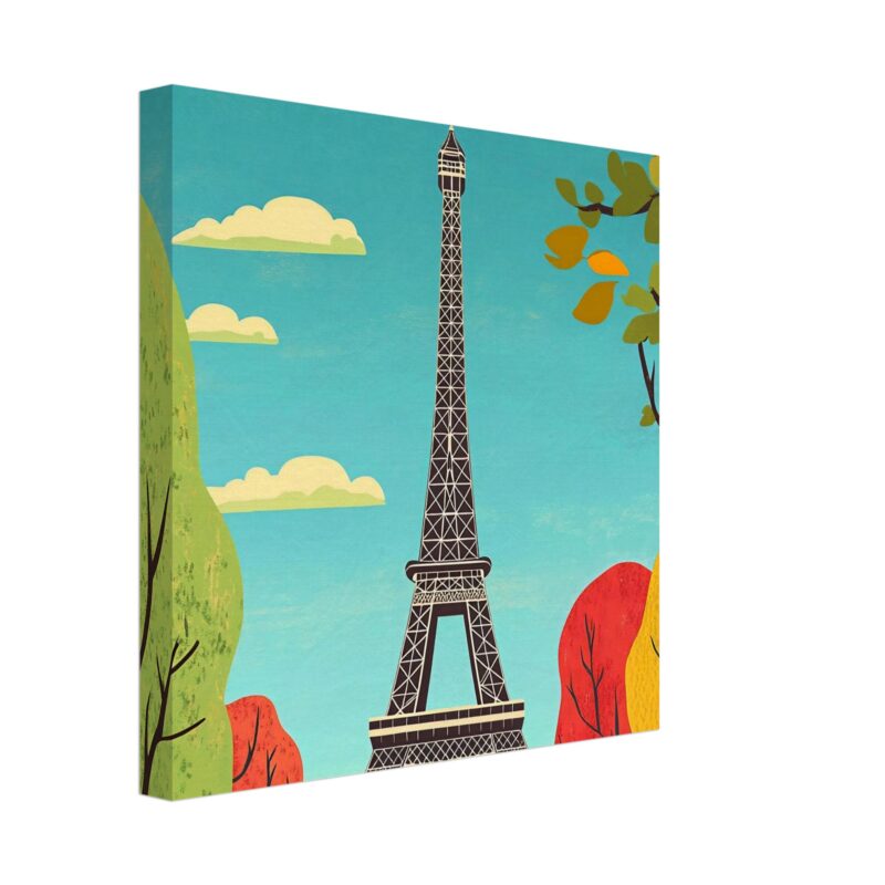 Torre Eiffel en estilo ilustración moderna con árboles y cielo azul claro.