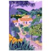 Casa color rosa en un paisaje vibrante de dibujos digitales con árboles y naturaleza.