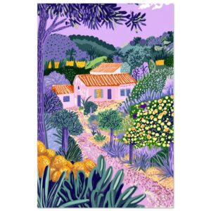 Casa color rosa en un paisaje vibrante de dibujos digitales con árboles y naturaleza.