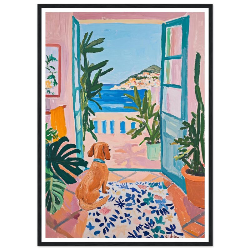 At alt: perro mirando hacia el mar desde un balcón con plantas tropicales.