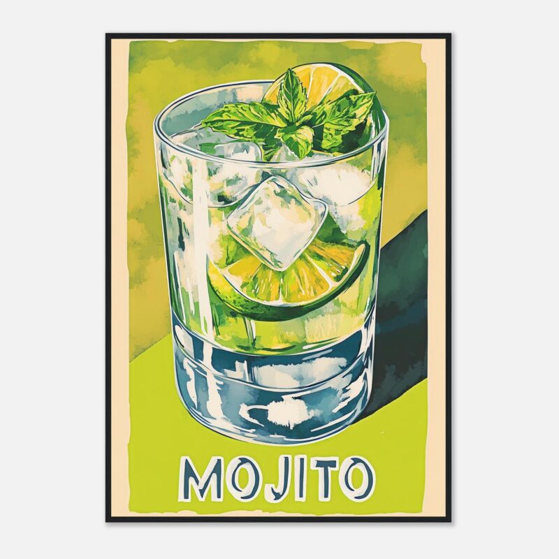 Vaso de mojito con hojas de menta, limón y hielo en estilo acuarela.