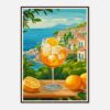 Refresco de limón con hielo en una copa, vistas al mar y pueblos costeros, arte digital vibrante, estilo colorido, inspiración mediterránea.