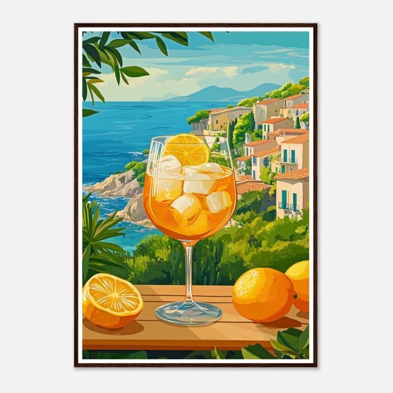 Refresco de limón con hielo en una copa, vistas al mar y pueblos costeros, arte digital vibrante, estilo colorido, inspiración mediterránea.