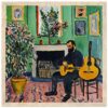 Guitarrista pintado en estilo impresionista con fondo de flores y pinturas en la pared.