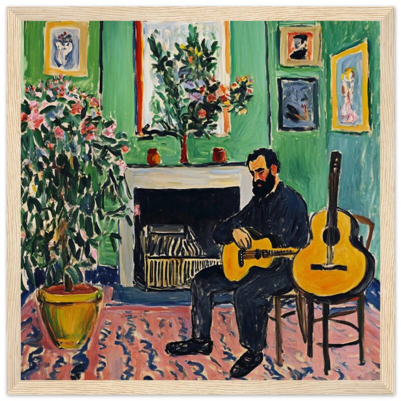 Guitarrista pintado en estilo impresionista con fondo de flores y pinturas en la pared.