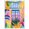 Ventana colorida con plantas tropicales en estilo ilustración digital.
