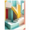 Colorful modern staircase with geometric design, vibrant pastel tones, abstract architecture, creative interior art, Digiart Studio.
