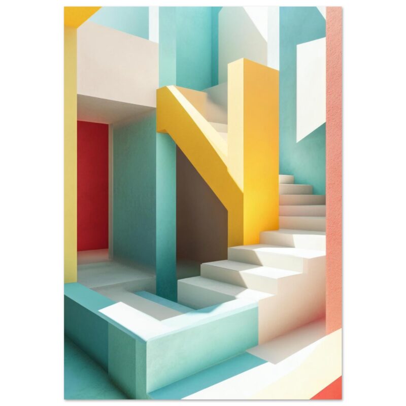 Colorful modern staircase with geometric design, vibrant pastel tones, abstract architecture, creative interior art, Digiart Studio.