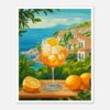 Refresco de vino con hielo, limón y vista panorámica del mar y rústicas casas costeras en la Riviera italiana.