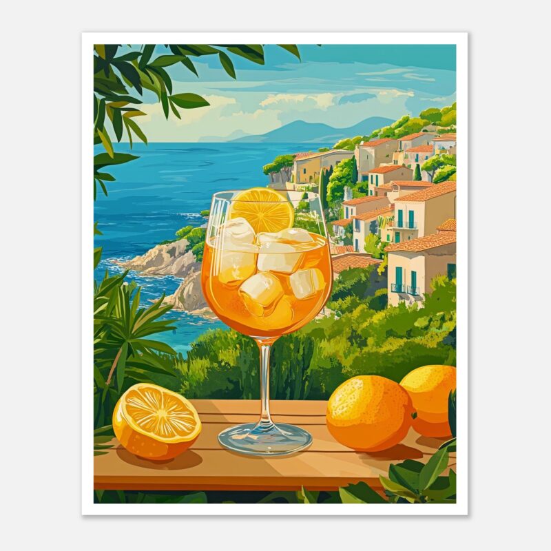 Refresco de vino con hielo, limón y vista panorámica del mar y rústicas casas costeras en la Riviera italiana.