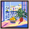 Manzana en jarrón con planta en balcón, estilo pintura digital colorida – arte decorativo alt text: cuadro digital con fruta y planta en balcón colorido.