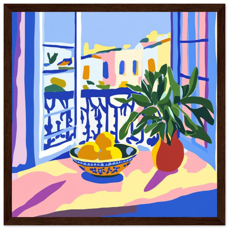 Manzana en jarrón con planta en balcón, estilo pintura digital colorida – arte decorativo alt text: cuadro digital con fruta y planta en balcón colorido.