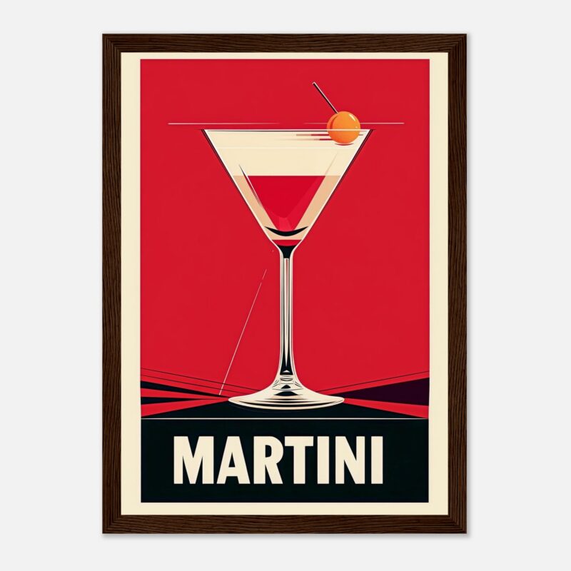Cóctel Martini estilo retro con fondo rojo y borde de madera.
