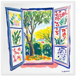 Puerta de jardín con ventana abierta, pintada en estilo impresionista, paisaje natural y flora.