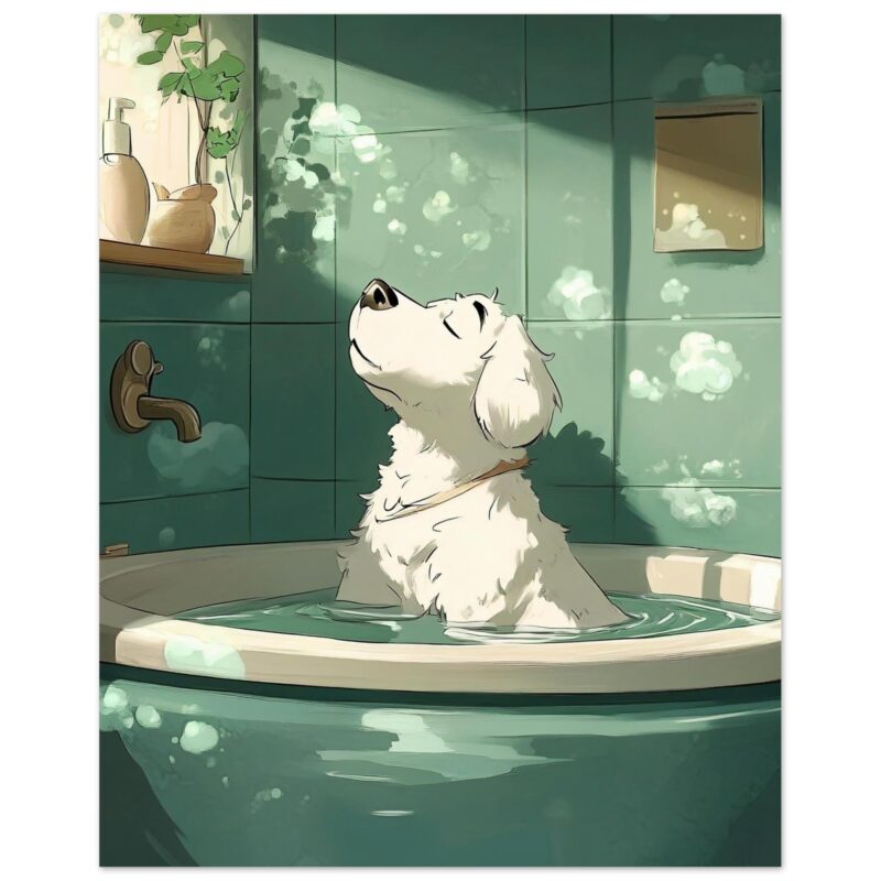 8766d284-301d-43b3-b9ad-21b870fab7a6.jpg Perro en bañera con agua y luz natural, ilustración digital de alta calidad, estilo artístico para proyectos creativos.