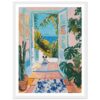 Puerta abierta con vista al mar, pintura decorativa de interior con plantas tropicales y perro, estilo artístico colorido y vibrante.