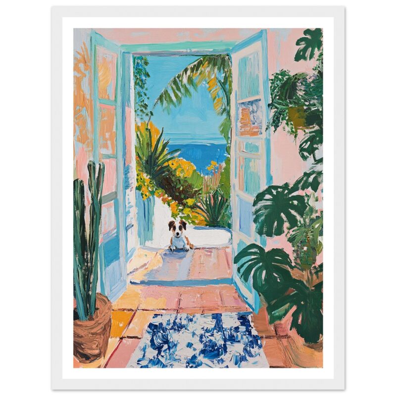 Puerta abierta con vista al mar, pintura decorativa de interior con plantas tropicales y perro, estilo artístico colorido y vibrante.