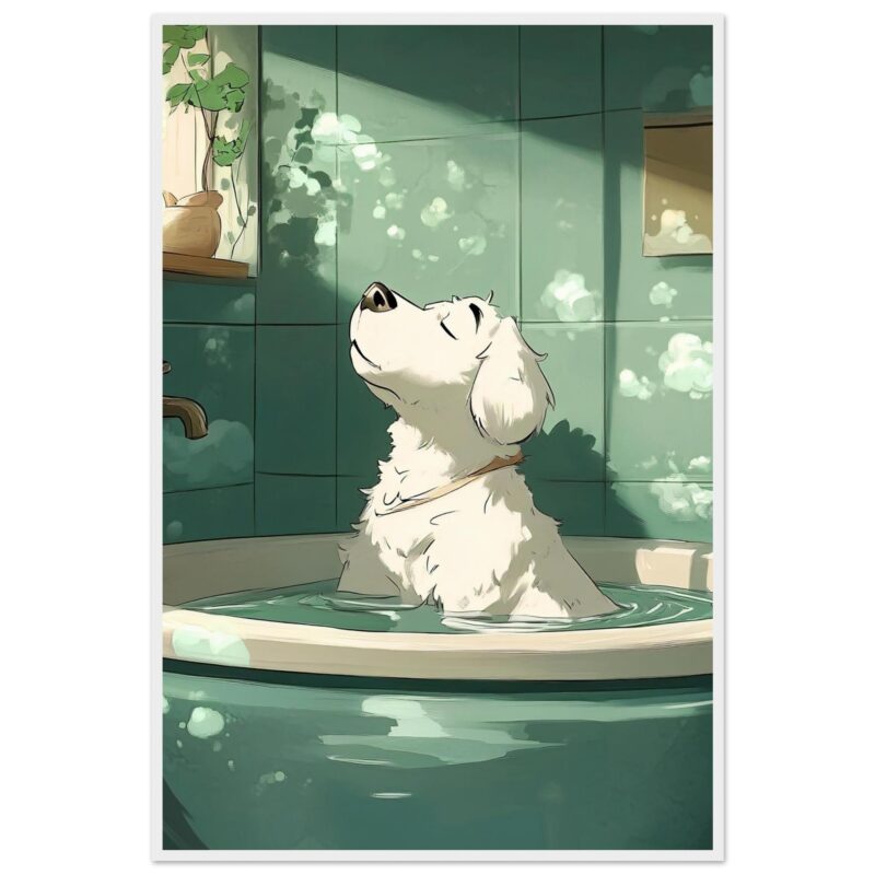 882f8a1d-e963-4a3e-9886-eac4b1afd982.jpg Relajación de perro en baño, arte digital de mascota en ducha, ilustración de animal de compañía, ilustración digital de animales, arte para amantes de mascotas.