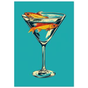 Peces en copa de cóctel, arte digital, ilustración moderna, diseño creativo, Digiart Studio, artes visuales, ilustración de peces, estilo pop art.