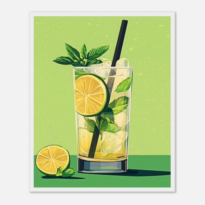 Refresco de limón con menta y hielo, ilustración digital moderna y refrescante.