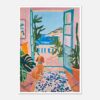 Puerta abierta con vista al mar y plantas en interior, estilo ilustración vibrante y colorida, arte decorativo para espacios mediterráneos.