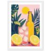 Refresco de limón con hielo y naturaleza tropical, ilustración moderna y vibrante.