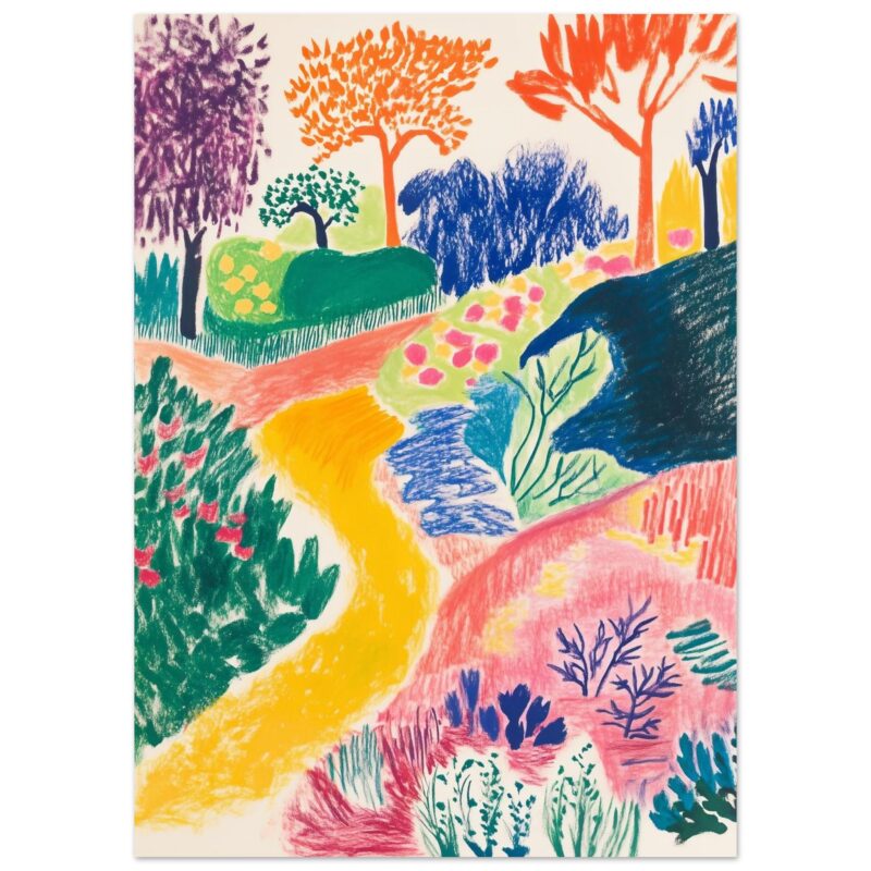 Arcoíris de árboles y naturaleza pintado con colores vibrantes en estilo artístico.