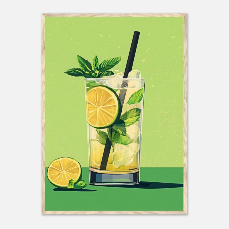 Refresco de limón y menta en vaso alto con hielo, ilustración digital moderna.