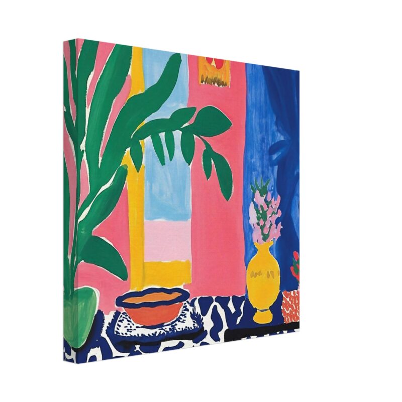 Colorida pintura moderna de naturaleza muerta con flores y plantas, estilo artístico digital, diseño para decoración interior.
