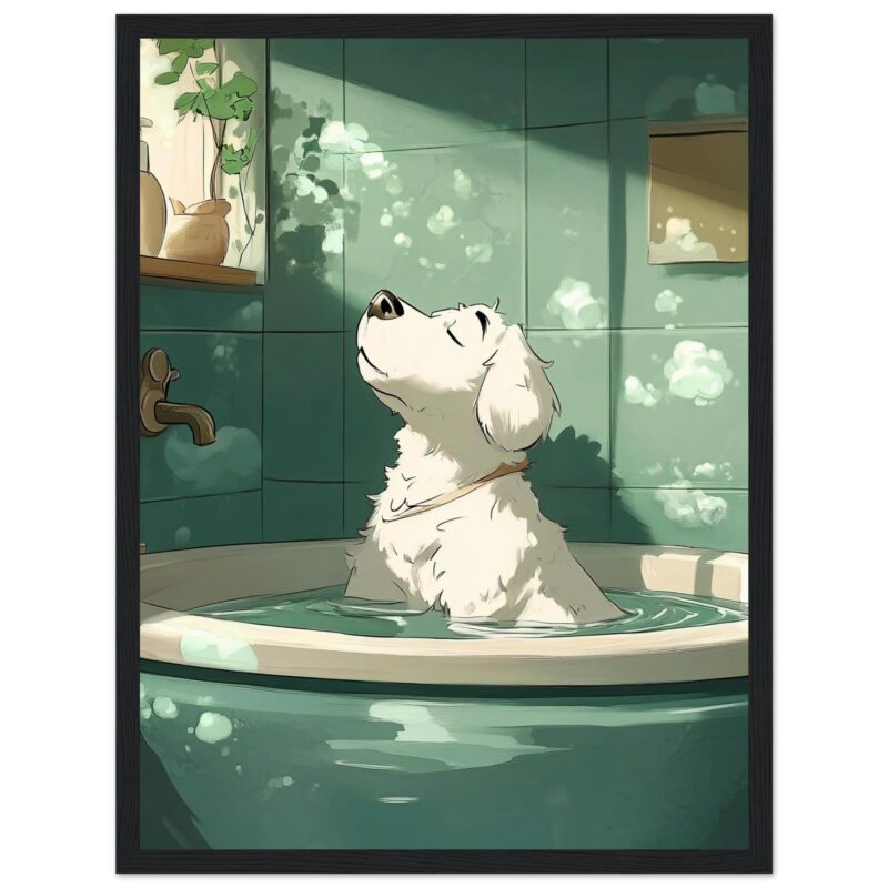 89dd9c64-f5a6-4be5-a48d-fb5b461fee1c.jpg Perro en bañera relajándose, ilustración digital de mascota en baño, arte de mascotas, estilo cartoon, ambiente tranquilo.