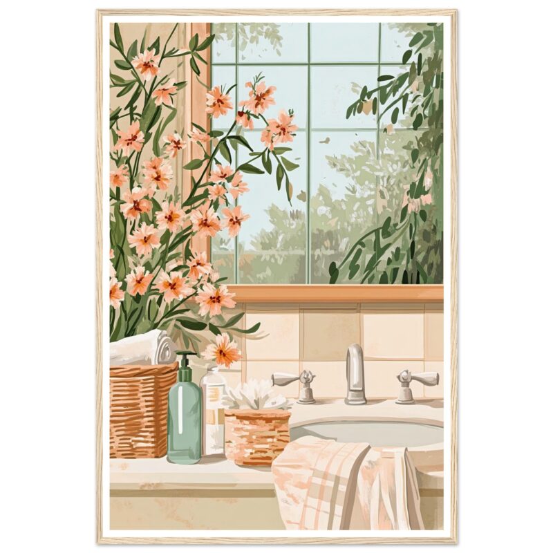 Nuevas flores en un baño con ventanas de cristal y decoración natural, ambiente relajante y vintage.