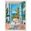 Puerta abierta hacia el mar con plantas tropicales y perro en interior, pintura colorida y vibrante.