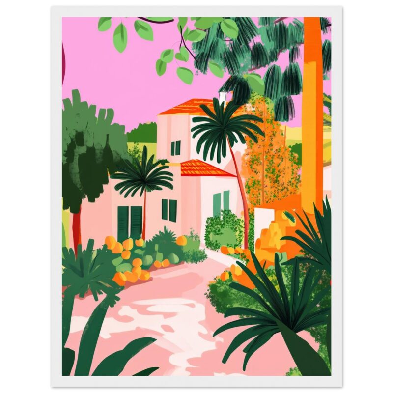 Casa mediterránea con palmeras y vegetación exuberante en estilo digital.