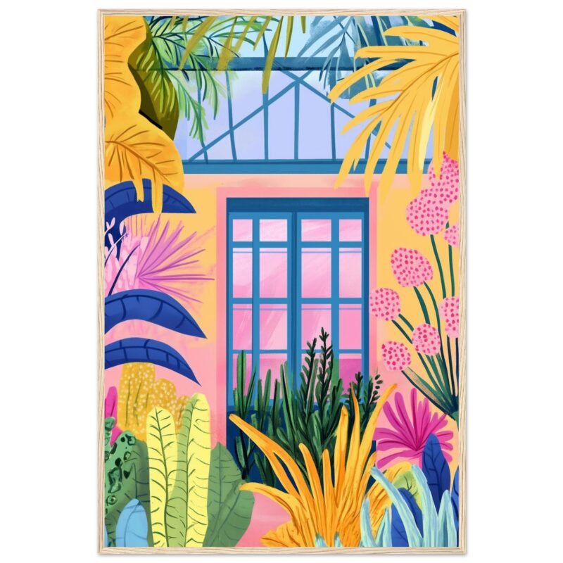 Ventana colorida con plantas tropicales en entorno vibrante, decoración moderna y artística.
