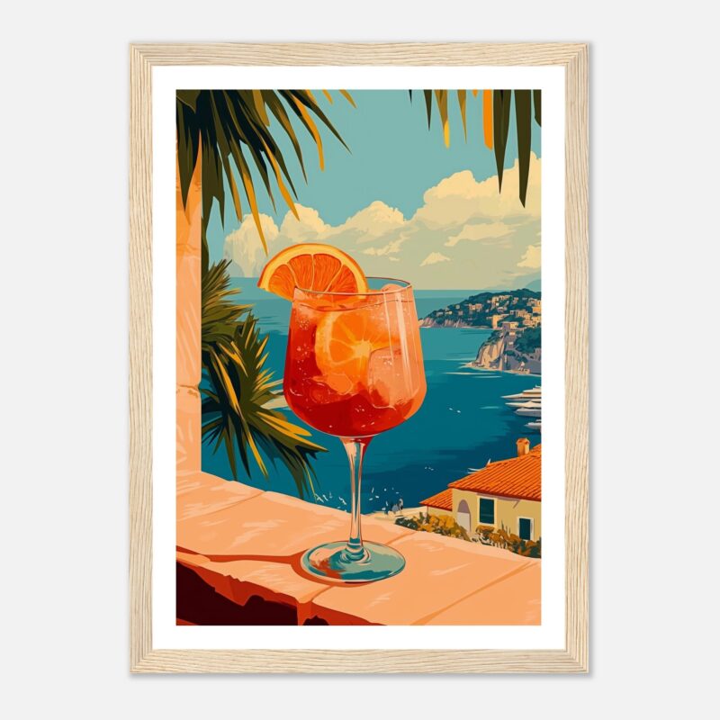Refresco de verano con vista al mar en diseño digital.